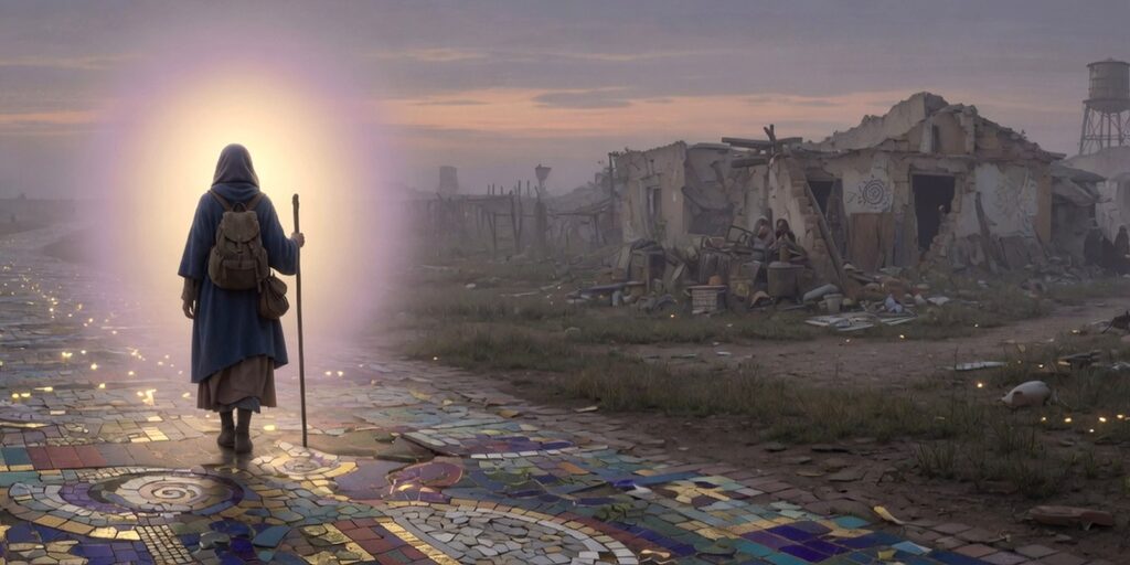 A solitary figure walks a glowing path through a misty, broken landscape, leaving a soft wake of light behind them.